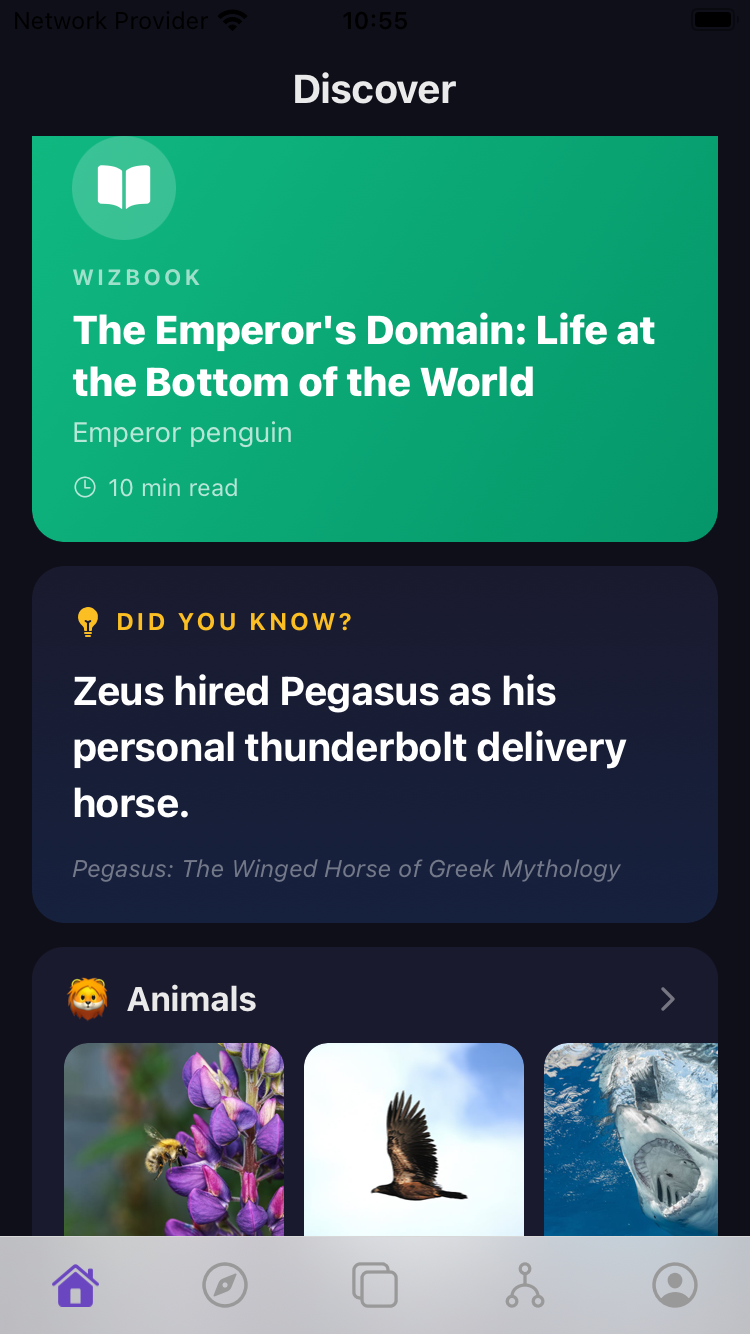 Discovery feed with books, facts and collections